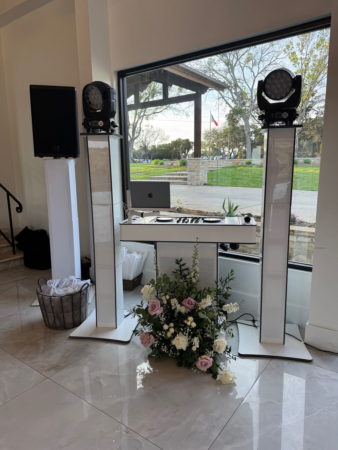 The DJ booth set up at a modern venue