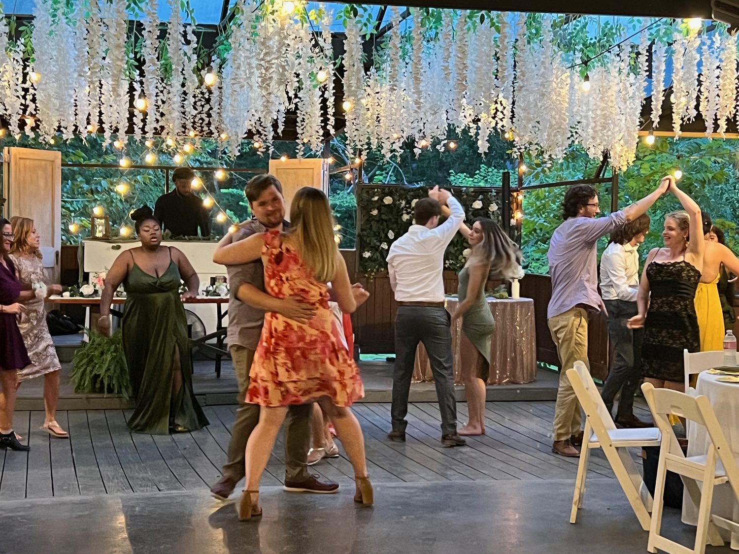 A wedding reception under string lights